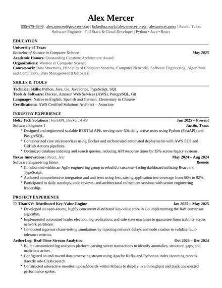 A one-page resume in Presr's Classic template, built from an example LinkedIn profile